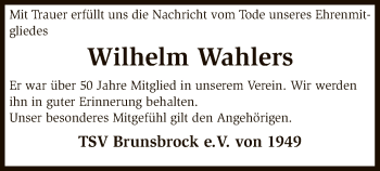 Traueranzeige von Wilhelm Wahlers von SYK