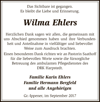 Traueranzeige von Wilma Ehlers von SYK