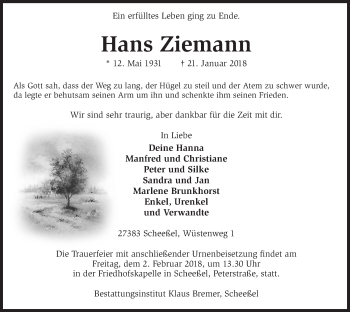 Traueranzeige von Hans Ziemann 