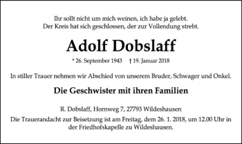 Traueranzeige von Adolf Dobslaff von SYK
