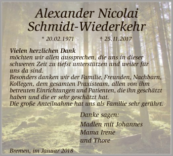 Traueranzeige von Alexander Nicolai Schmidt-Wiederkehr von SYK