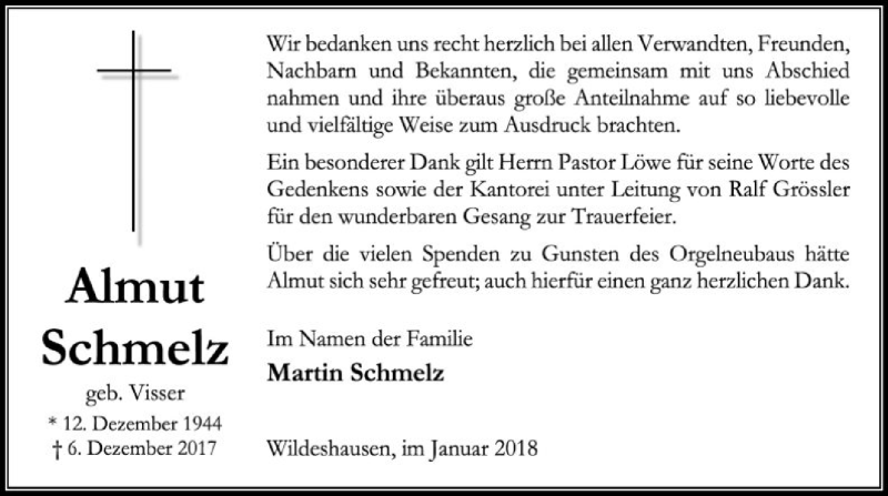  Traueranzeige für Almut Schmelz vom 20.01.2018 aus SYK