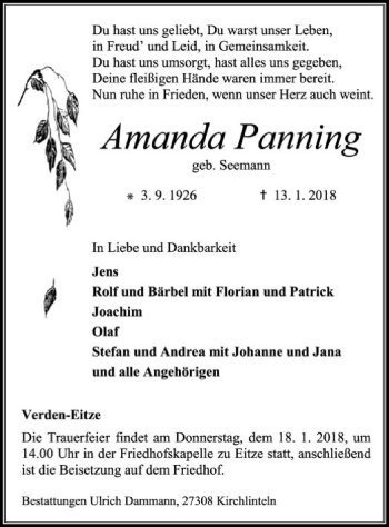 Traueranzeige von Amanda Panning von SYK