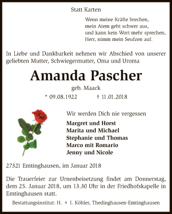 Traueranzeige von Amanda Pascher von SYK