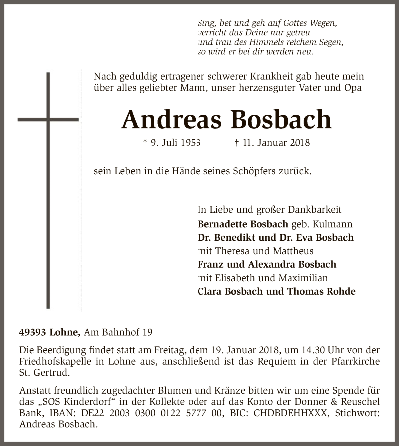  Traueranzeige für Andreas Bosbach vom 13.01.2018 aus SYK