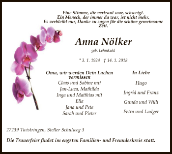 Traueranzeige von Anna Nölker von SYK