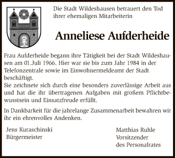 Traueranzeige von Anneliese Auferdheide von SYK