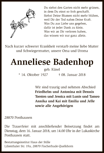 Traueranzeige von Anneliese Badenhop von SYK