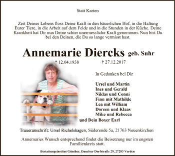 Traueranzeige von Annemarie Diercks von SYK