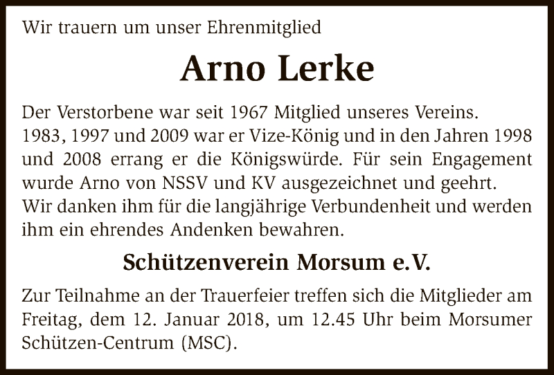  Traueranzeige für Arno Lerke vom 09.01.2018 aus SYK