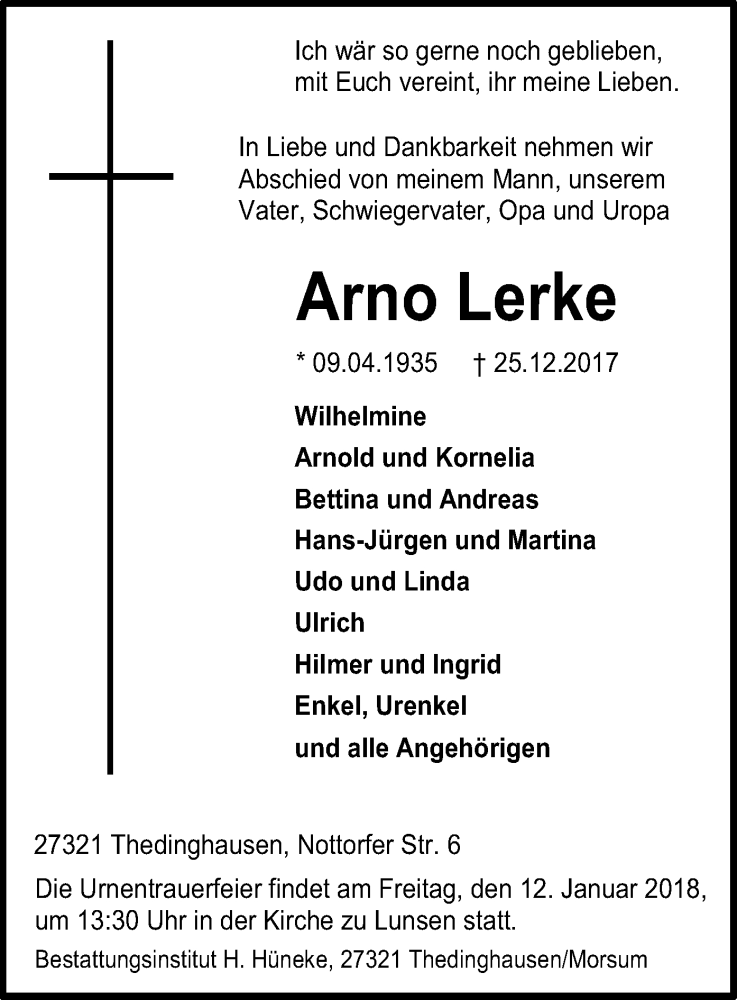  Traueranzeige für Arno Lerke vom 04.01.2018 aus SYK