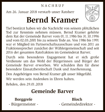 Traueranzeige von Bernd Kramer von SYK