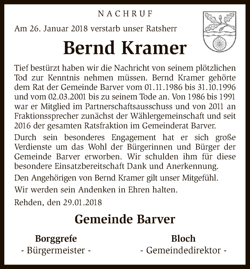 Traueranzeigen Von Bernd Kramer Trauer Kreiszeitung De