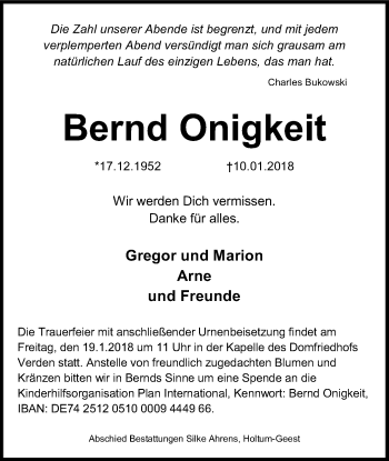 Traueranzeige von Bernd Onigkeit von SYK