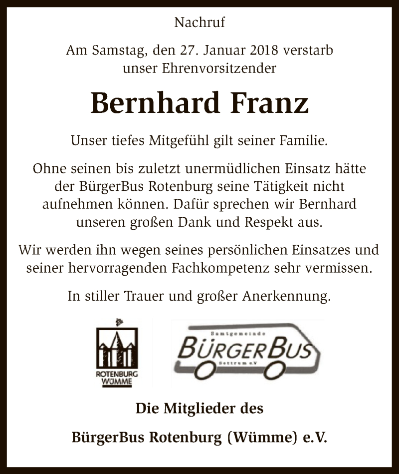  Traueranzeige für Bernhard Franz vom 30.01.2018 aus SYK