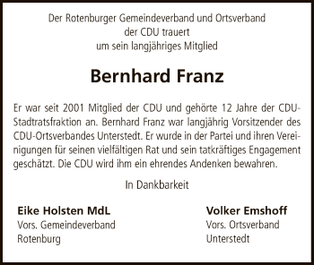 Traueranzeige von Bernhard Franz von SYK