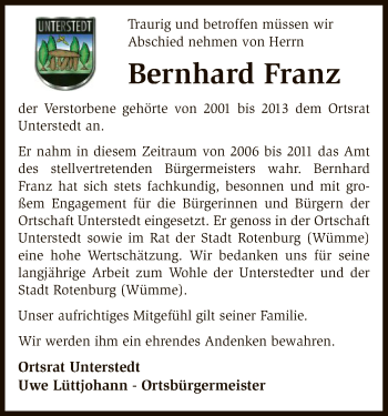 Traueranzeige von Bernhard Franz von SYK