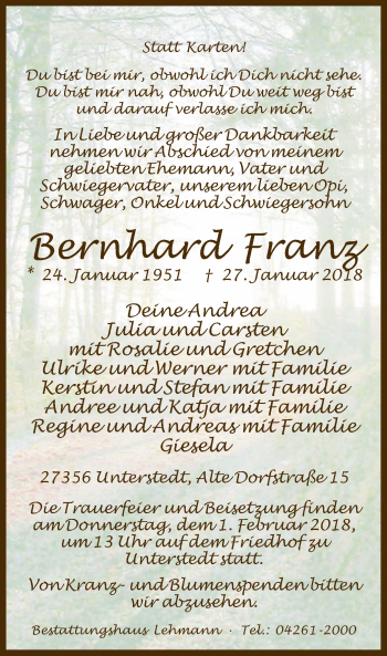 Traueranzeige von Bernhard Franz von SYK