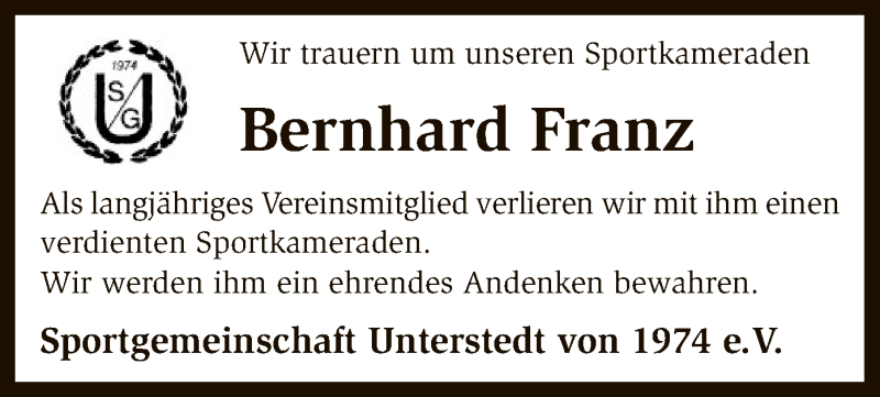  Traueranzeige für Bernhard Franz vom 30.01.2018 aus SYK