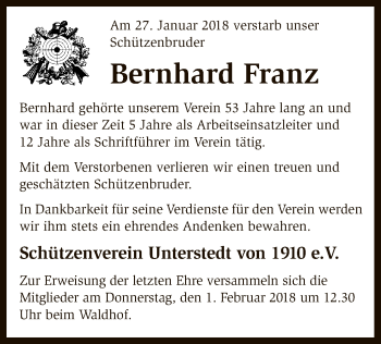 Traueranzeige von Bernhard Franz von SYK