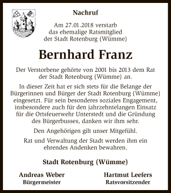 Traueranzeige von Bernhard Franz von SYK