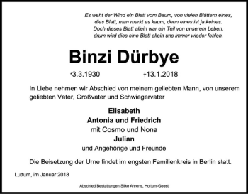 Traueranzeige von Binzi Dürbye von SYK