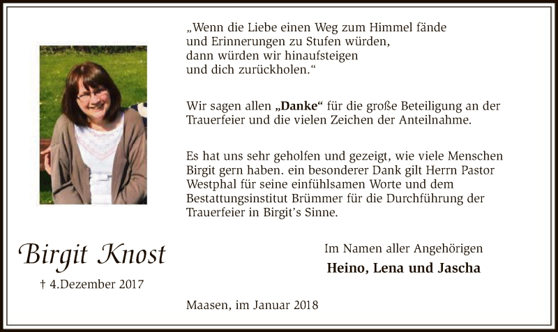  Traueranzeige für Birgit Knost vom 06.01.2018 aus SYK