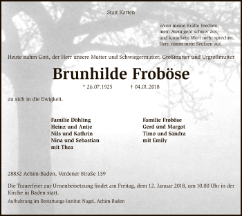 Traueranzeige von Brunhilde Froböse von SYK