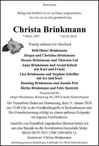 Traueranzeige von Christa Brinkmann von SYK