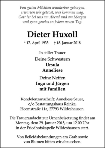 Traueranzeige von Dieter Huxoll von SYK