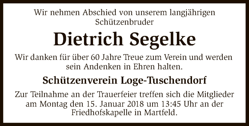  Traueranzeige für Dietrich Segelke vom 12.01.2018 aus SYK