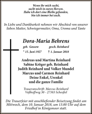 Traueranzeige von Dora-Maria Behrens von SYK