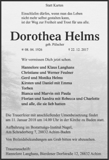 Traueranzeige von Dorothea Helms von SYK