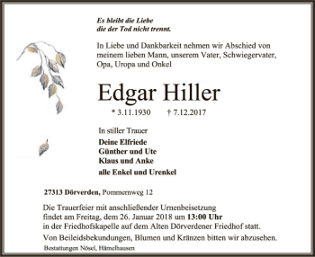 Traueranzeige von Edgar Hiller von SYK