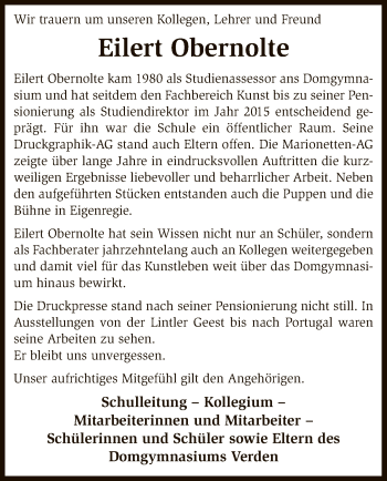 Traueranzeige von Eilert Obernolte von SYK