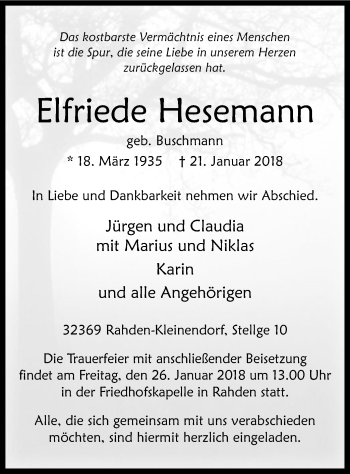 Traueranzeige von Elfriede Hesemann von SYK