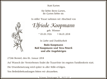 Traueranzeige von Elfriede Koopmann von SYK