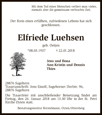 Traueranzeige von Elfriede Luehsen von SYK