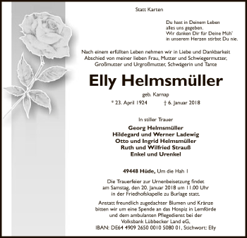 Traueranzeige von Elly Helmsmüller von SYK