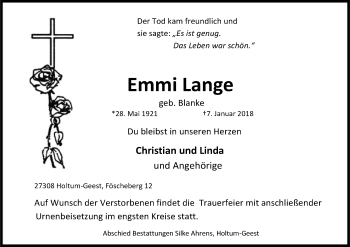 Traueranzeige von Emmi Lange von SYK