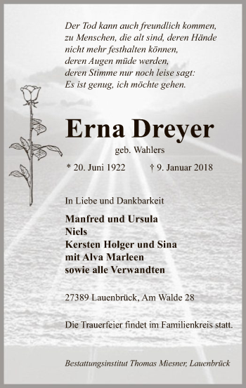 Traueranzeige von Erna Dreyer von SYK