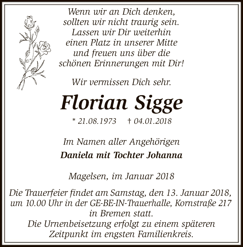  Traueranzeige für Florian Sigge vom 10.01.2018 aus SYK