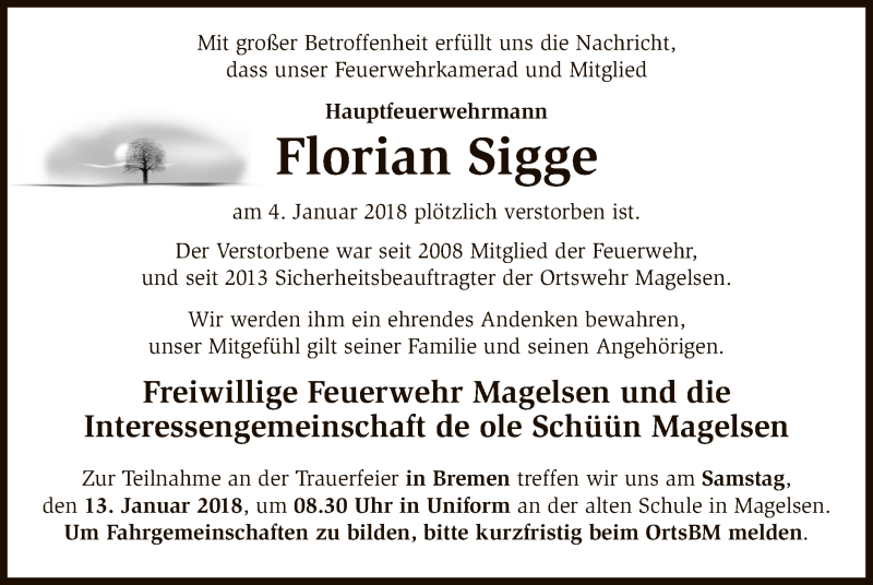  Traueranzeige für Florian Sigge vom 10.01.2018 aus SYK