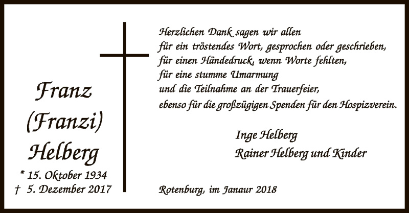  Traueranzeige für Franz Helberg vom 06.01.2018 aus SYK