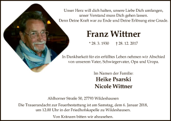 Traueranzeige von Franz Wittner von SYK