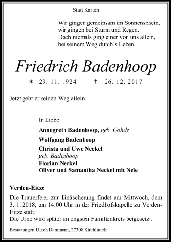 Traueranzeige von Friedrich Badenhoop von SYK