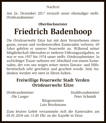 Traueranzeige von Friedrich Badenhoop von SYK