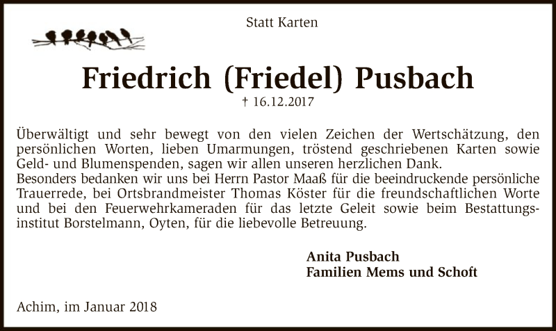  Traueranzeige für Friedrich  Pusbach vom 31.01.2018 aus SYK
