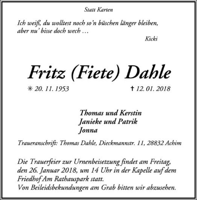  Traueranzeige für Fritz Dahle vom 20.01.2018 aus SYK