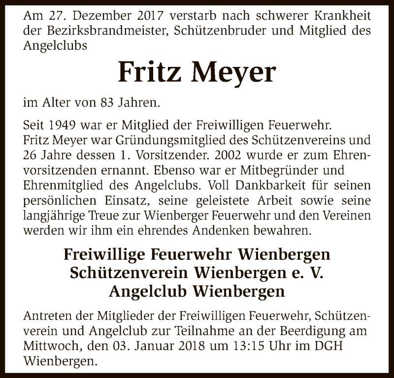  Traueranzeige für Fritz Meyer vom 30.12.2017 aus SYK